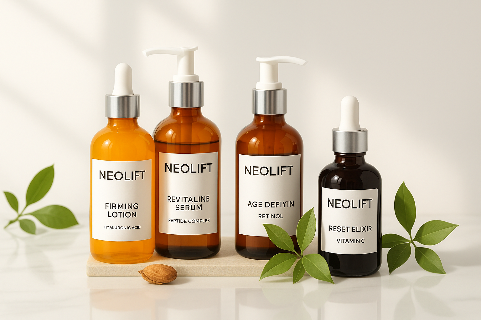 Neolift termékek és fürdőszobai kellékek rendezett kompozícióban